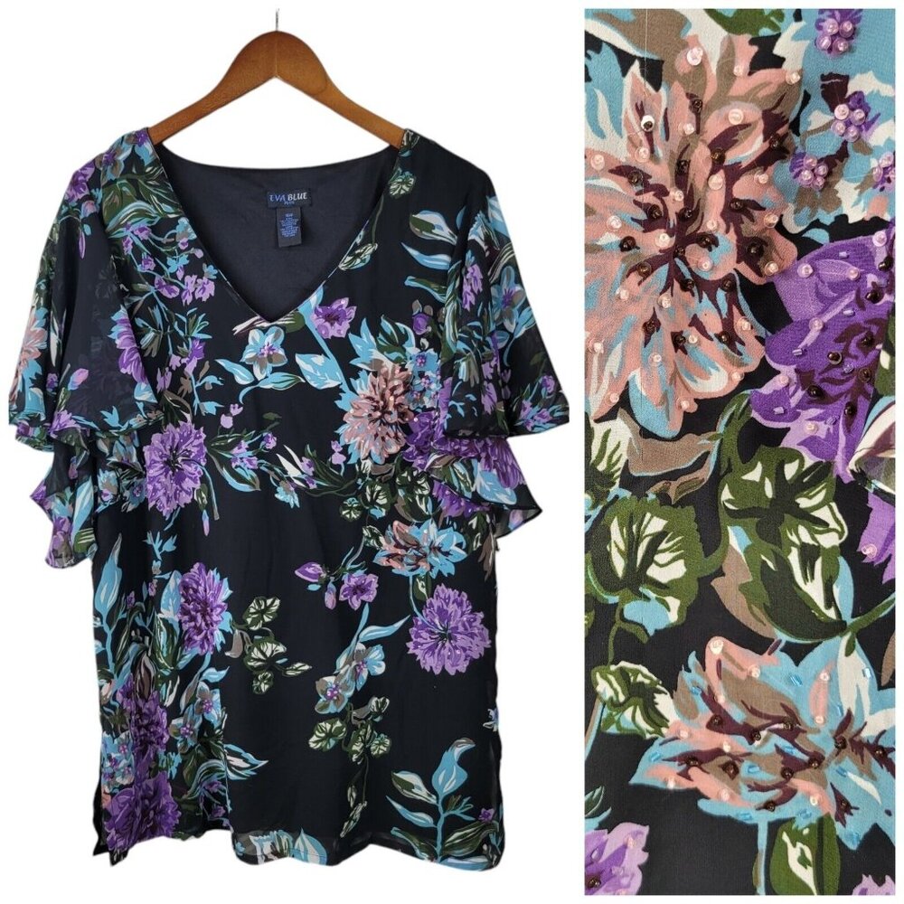 Eva Plus Size 16 16W Top Blouse Floral Beaded Romantic Flutter Sleeve Alt Event